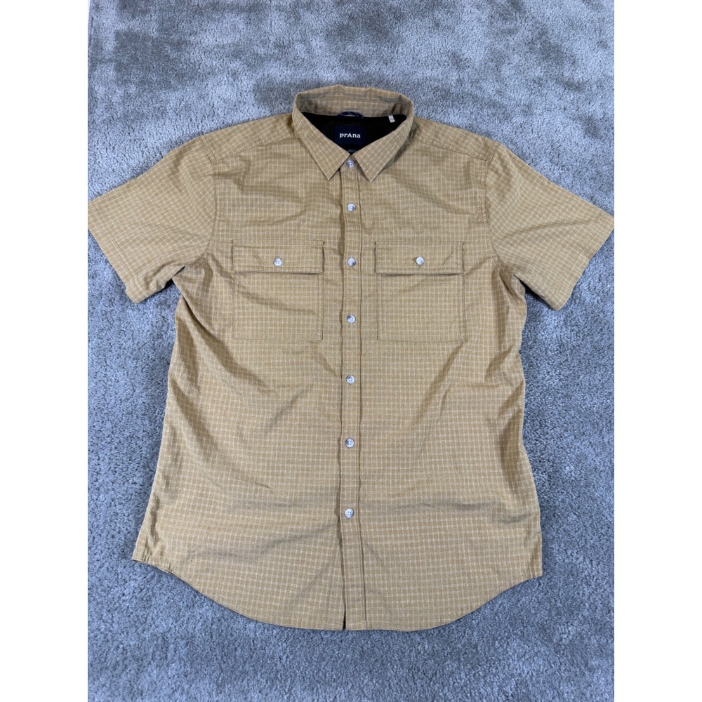 Prana Mens Medium Short Sleeve Button Down Shirt Tan Grid Vented Hiking Trail